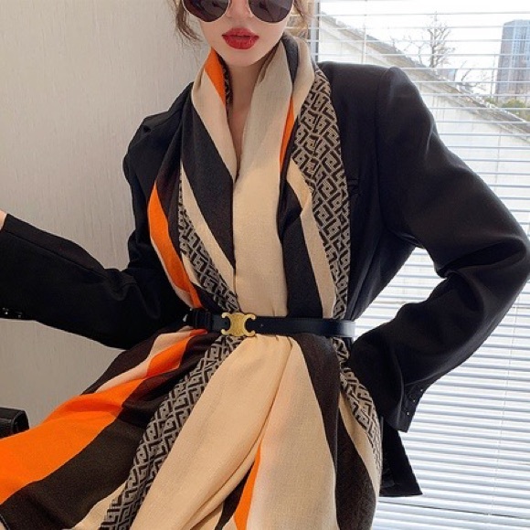 On My Rack Accessories - NEW Orange Black Cream Geometric Art Deco Printed Fashion Scarf